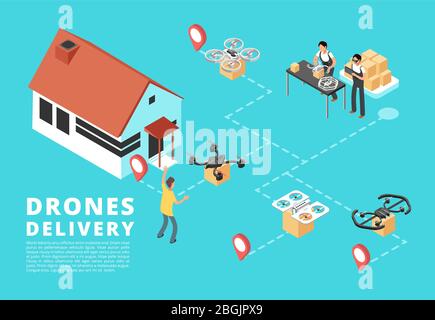 People with quadrupter sending and receiving goods. Drone delivery service vector 3d isometric concept. Illustration of drone technology delivery container Stock Vector