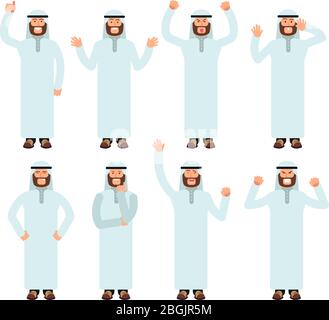 Arab man standing with different hand gestures and face emotions. Male muslim vector characters set. Arabic character pose and gesturing illustration Stock Vector