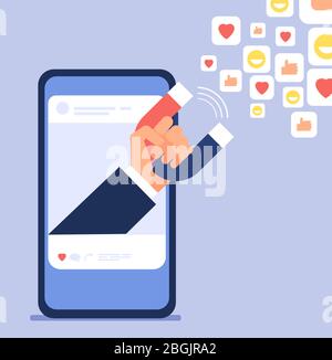Social influencer marketing. Bloggers hand holding magnet drags customers. Social media and blogging vector concept. Illustration of social follower and influencer magnet Stock Vector