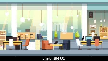 Coworking interior. Empty open space office, workspace vector background. Workspace and workplace center, business space coworking illustration Stock Vector