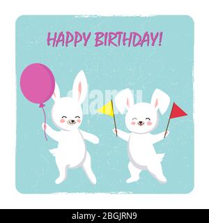 Birthday postcard template with two happy bunnies with balloon and flags. Vector banner poster illustration Stock Vector