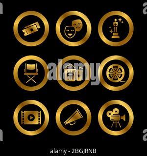 Golden hollywood movie, theater performance and entertainment vector icons illustration Stock Vector