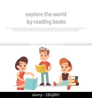 Little kids reading books. Cartoon character children vector banner and poster design. Vector illustration Stock Vector