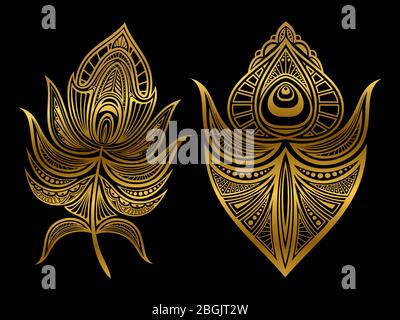 Golden abstract feathers of set isolated on black background. Vector illustration Stock Vector