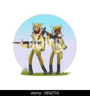 Male and female soldiers cartoon character design isolate on white. Vector illustration Stock Vector