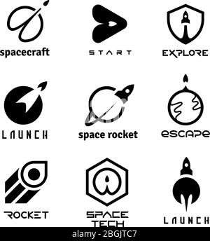 Rockets, launching shuttles, space travelling, spaceship and start-up vector logos isolated. Rocket and spaceship, shuttle ship logo illustration