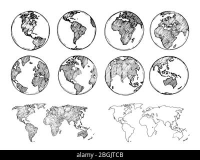 Globe sketch. Hand drawn earth planet with continents and oceans. Doodle world map vector illustration. Planet and world sketch map with ocean and land Stock Vector
