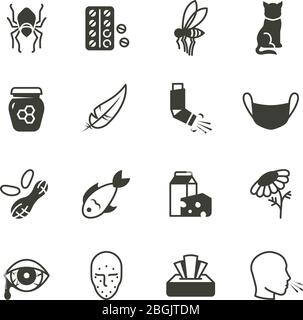 Pollen, dust, wheat and cat allergy and rhinitis icons set. Allergic and allergen vector medicine symbols isolated. Allergen dust and lactose, insect and nuts illustration Stock Vector