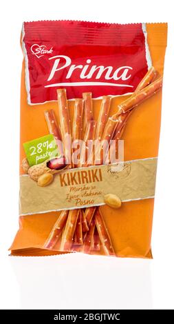 Winneconne,  WI - 21 April 2020:  A package of Stark prima pretzel sticks on an isolated background. Stock Photo