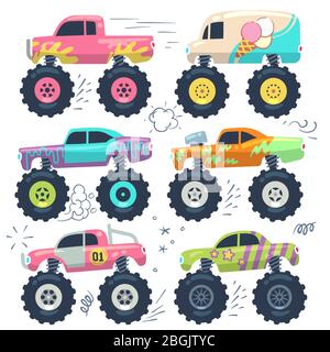 Monster trucks. Kids car toys. Cartoon vector set transport heavy, automobile monster, auto car power illustration Stock Vector