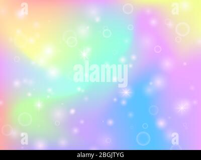 Fairy unicorn rainbow background with magic sparkles and stars. Multicolor fantasy abstract vector backdrop. Vector fairytale girlie gradient effect illustration Stock Vector
