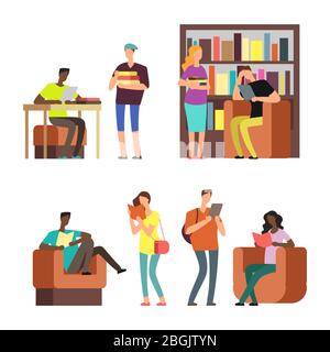 International students reading books and magazines in library or bookstore. Vector illustration Stock Vector