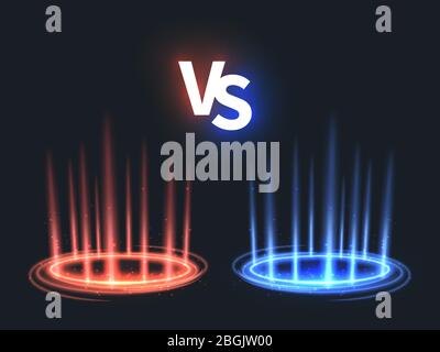 Versus glowing teleport effect on floor. Vs battle scene with rays and sparks. Abstract hologram supernatural vector background. Fight and battle game challenge, competition color vs illustration Stock Vector