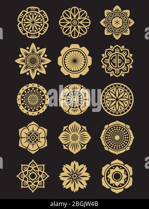 Asian flowers icons set isolated on black background. Chinese or japanese decorative elements. Asian collection ornament indian. Vector illustration Stock Vector