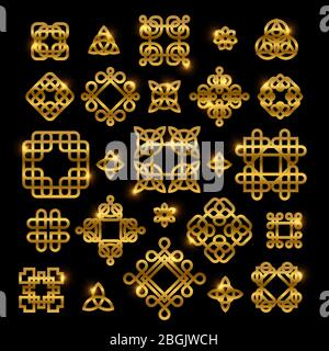 Golden celtic knots with shiny elements isolated on black background. Vector knots icon collection ornament for tattoo pattern, gaelic decoration illustration Stock Vector
