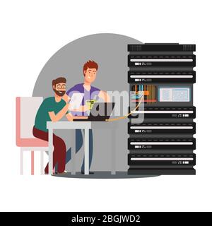 Cartoon characters computer engineers working with server cluster. Vector illustration Stock Vector