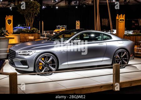 Brussels, Belgium, Jan 09, 2020: electric Volvo Polestar 1 at Brussels Motor Show, Electric Performance Hybrid Stock Photo