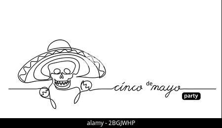 Sombrero, maracas, skull black and white mexican illustration. Cinco de mayo party vector simple background, poster. Stock Vector