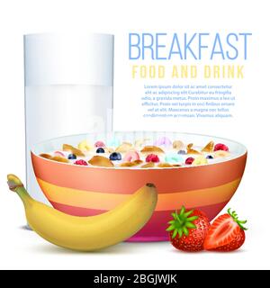 Healthy breakfast with realistic fruits, bowl of flakes and glass of milk vector illustration Stock Vector
