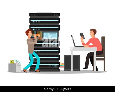 Man engineer, technician working in office. Two flat male IT cartoon character. Vector illustration Stock Vector