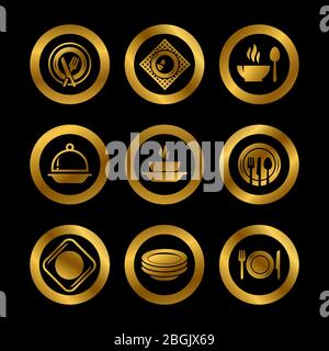 Kitchen plates and cutlery golden silhouette icons isolated on black. Restaurant vector symbols isolated illustration Stock Vector