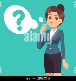 Confused businesswoman. Thinking girl and cloud with questions mark. Business vector concept. Question girl face, cloud bubble think illustration Stock Vector