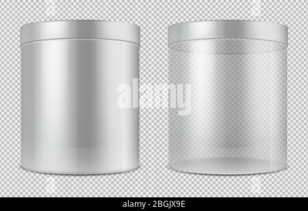 Cylinder empty transparent glass and white cans. Package for food, cookies and gifts vector template isolated. Illustration of cylinder empty and clean Stock Vector