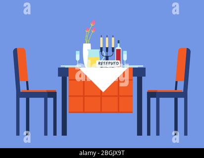 Reserved table. Restaurant table with tablecloth, wineglasses, dinnerware two chair for romantic dinner. Cartoon vector illustration. Reserve individuality table with candle and dinner Stock Vector