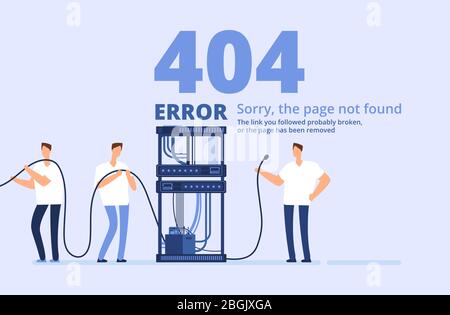 Page 404 error concept. Sorry, page not found web site template with server and network administrators. Vector background. Illustration of trouble page website, network problem Stock Vector