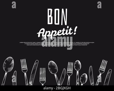 Vintage hand drawn cutlery background. Black bon appetit banner and poster design. Vector illustration Stock Vector