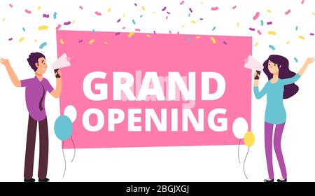 Announcement concept. Woman and man with loudspeaker at grand opening banner. Vector illustration. Ceremony grand open, advertisement announcement Stock Vector