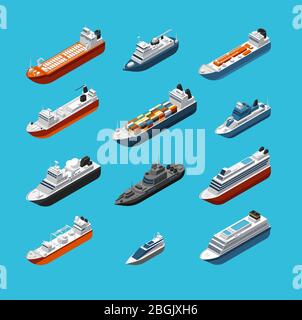 Isometric 3d military and passenger ships, boat and yacht vector sea transportation and shipping icons isolated. Transport water travel, boat ship and vessel cruise illustration Stock Vector