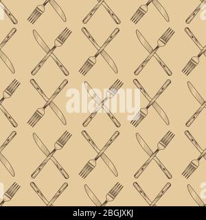 Hand sketched knife and fork cross seamless pattern. Menu, kitchen, cooking vintage background. Vector illustration Stock Vector