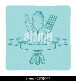 Hand drawn knife, spoon and fork in retro banner ribbons isolate on white. Vector illustration Stock Vector