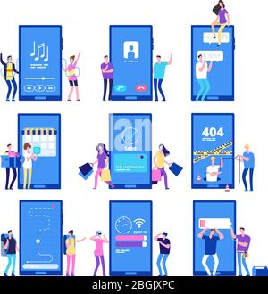 Phone app and people. Small flat characters interact with smartphone application vector set. Illustration of app mobile, using interface, location and tracker, music and call Stock Vector