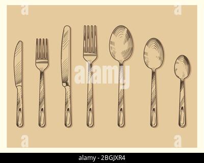 Vintage cutlery set vector design. Hand drawn knife, fork, spoon in sketch engraving style isolated on background illustration Stock Vector