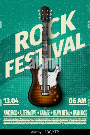 Vintage rock festival flyer with electric guitar. Retro music concert affiche, poster with typography. Vector template banner with rock guitar illustration Stock Vector