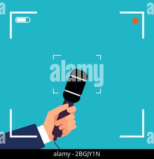Hand with microphone. Focus tv interview, live news broadcast vector concept with viewfinder and mic. Journalism and news breaking, communication reportage illustration Stock Vector