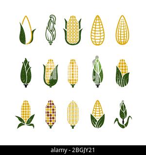 Vintage grunge vector corn icons of set isolated on white background illustration Stock Vector