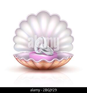 Vector luxury silver wedding, marriage rings on realistic seashell. Marry me concept vector illustration Stock Vector