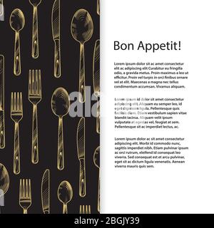 Menu or cutlery shop banner and poster template with hand sketched knife, spoon, fork. Vector illustration Stock Vector