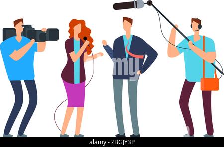 Journalists take interview. Broadcasting reportage with photographer and videographer. Broadcast vector concept. Reporter with microphone, woman journalist illustration Stock Vector