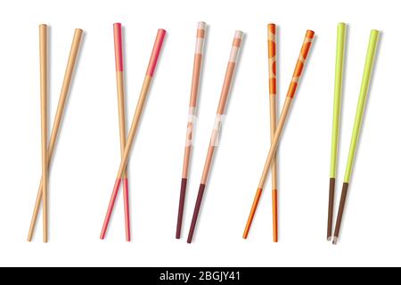 Chopsticks. Wooden asian eating sticks. Bamboo chinese food closeup chopstick isolated vector illustration. Stick wooden for asian dinner Stock Vector