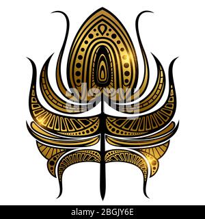Black and golden vector printable feather with shiny elements isolated on white illustration Stock Vector