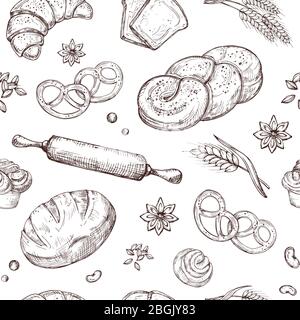 Bread seamless pattern. Vintage sketch bakery repeating vector background. Sketch bakery pattern, background with croissant drawing and bun illustration Stock Vector