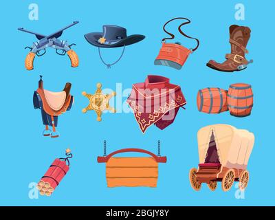 Western cartoon elements. Wild west cowboy boots, hat and gun. Sheriff badge, dynamite and wagon vector icons. Illustration of weapon revolver and hat, wooden signboard Stock Vector