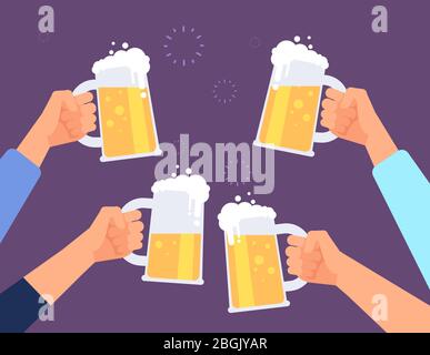 Hands holding beer glasses. Cheerful people clinking. Mates drinking beer in bar. Vector background. Beer toast, hand with glass drink, beverage toasting illustration Stock Vector