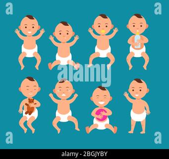 Cute baby boy in diaper. Infant with different emotions cartoon vector characters set. Illustration of little newborn childhood, expression baby Stock Vector