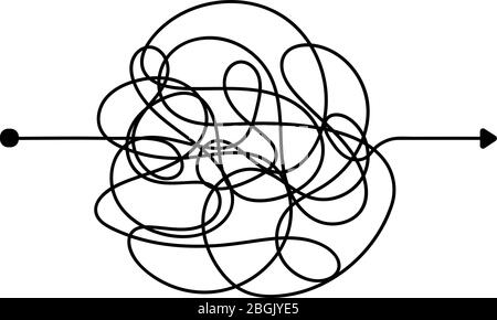 Insane messy line. Complicated clew way. Tangled scribble vector path. Chaotic difficult process way illustration Stock Vector