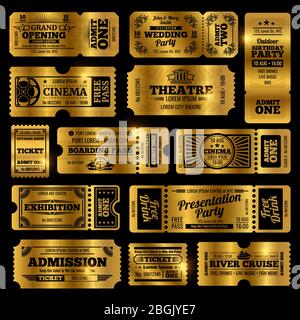 Circus, party and cinema vector vintage admission tickets templates. Golden tickets isolated on black background. Ticket of collection in vintage style, admission to theate and exhibition illustration Stock Vector